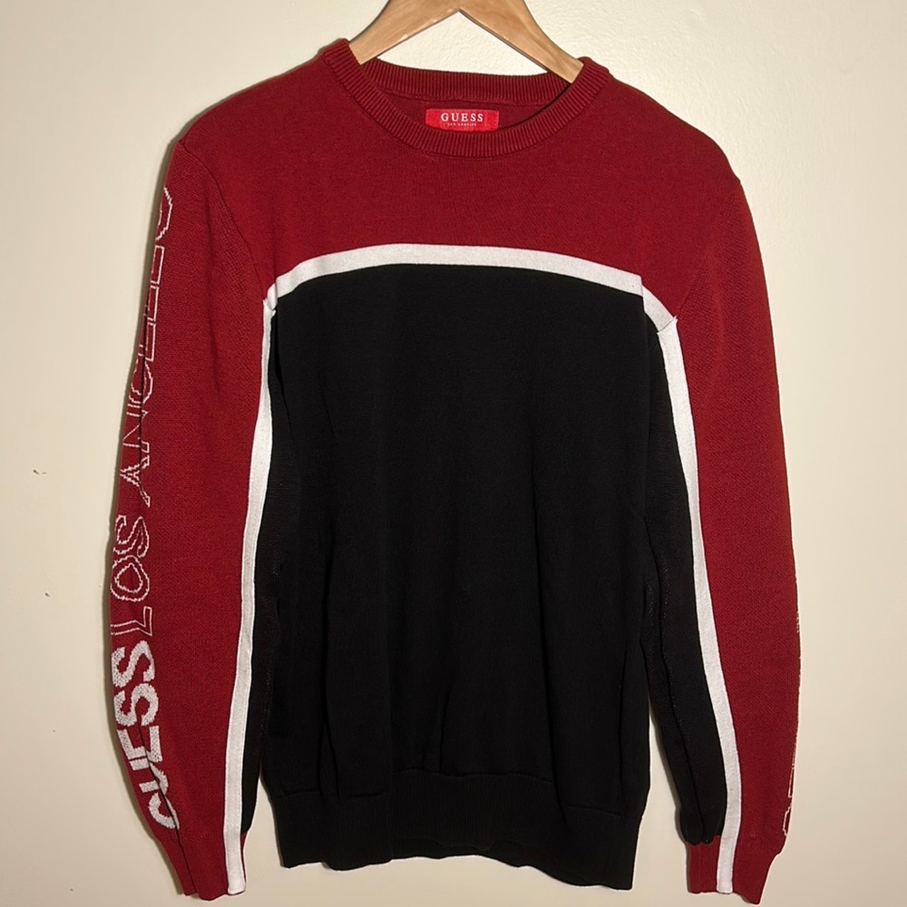 Guess Los Angeles Embroidered Sleeves Mens Sweater Red And Black US Size L